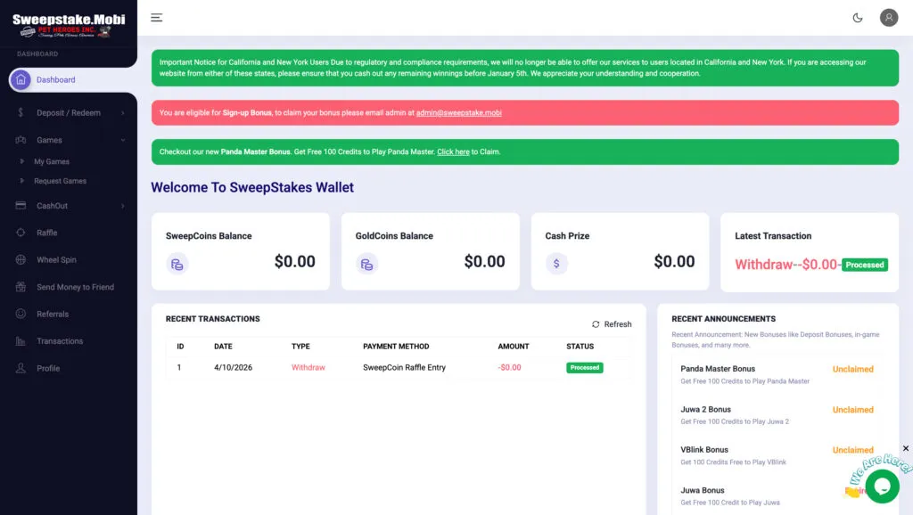 Sweepstakes Mobi desktop website dashboard showing wallet and navigation menu