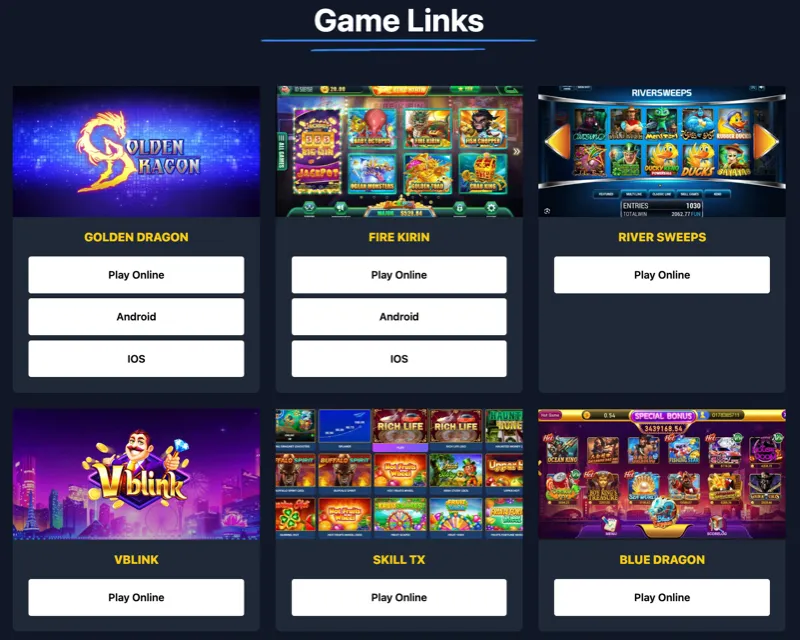 Sweepstakes Mobi “Game Links” page showing options to play online or download game apps