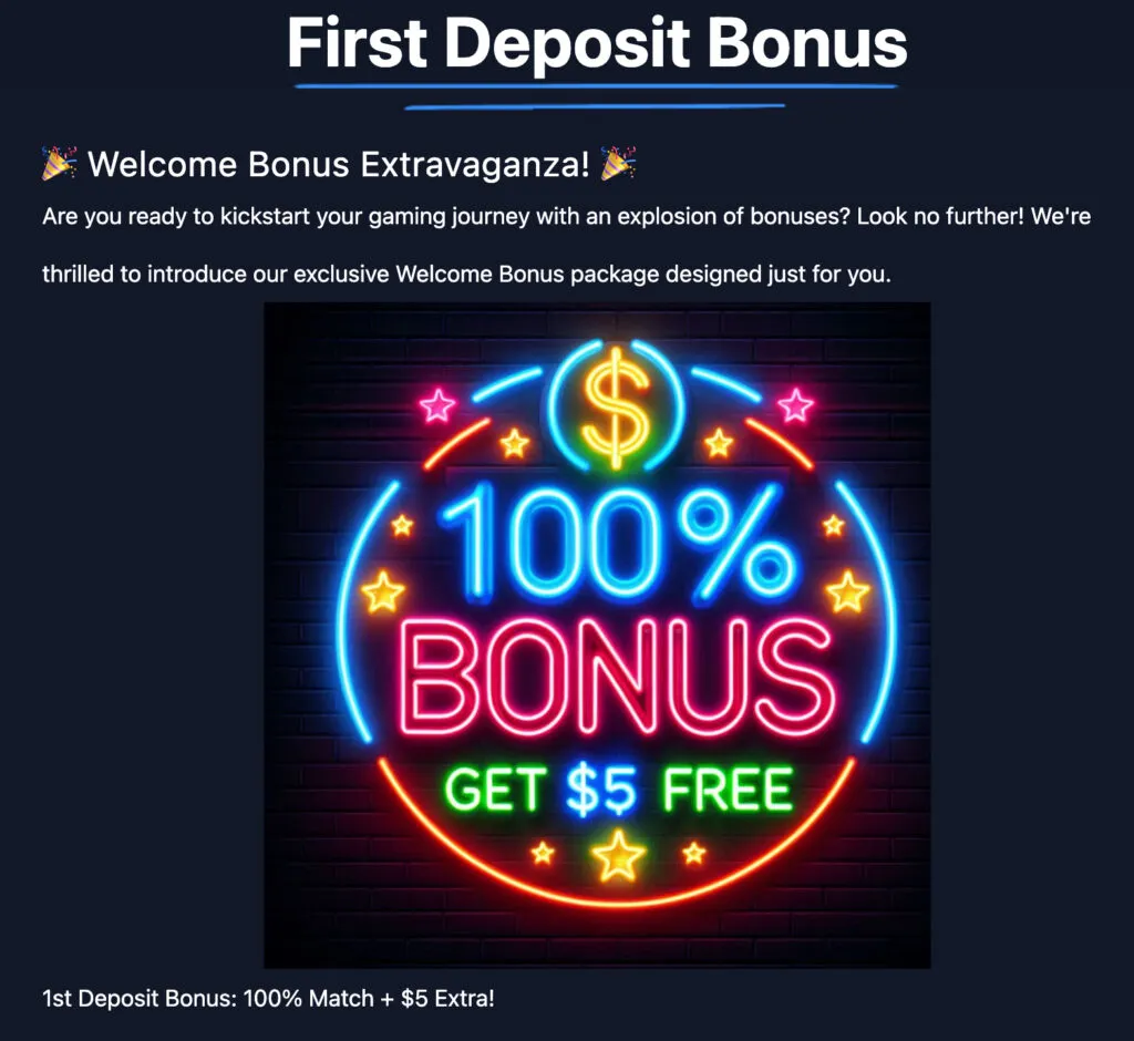 Sweepstakes Mobi first deposit bonus showing a 100% match up to $100 plus $5 free play