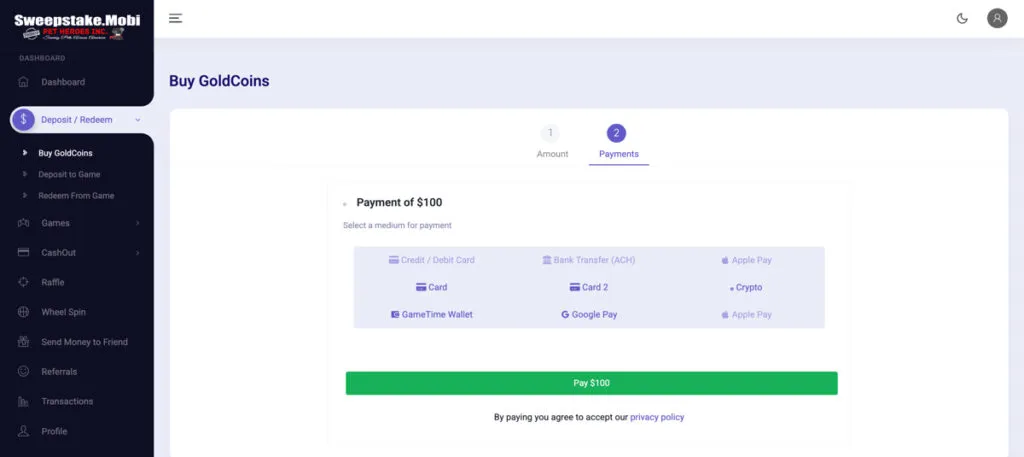 Sweepstakes Mobi payment methods page showing available deposit options