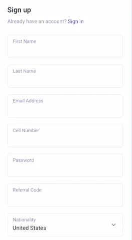 Sweepstakes Mobi registration form for creating a new account