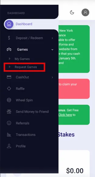 Sweepstakes Mobi Request Games button highlighted on the website