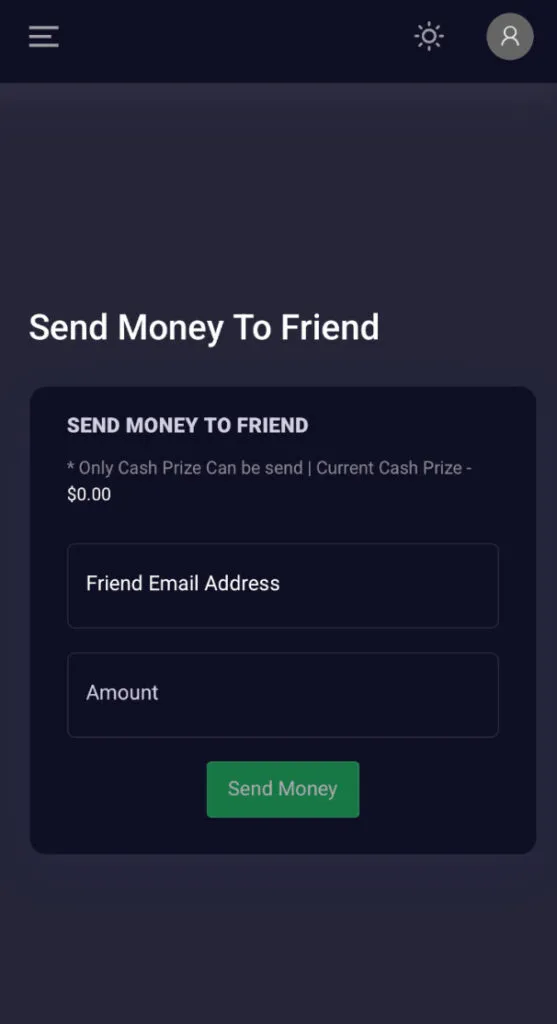 Sweepstakes Mobi “Send Money to Friend” feature for transferring winnings to another user