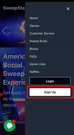 Sweepstakes Mobi website showing the Sign Up button outlined in red