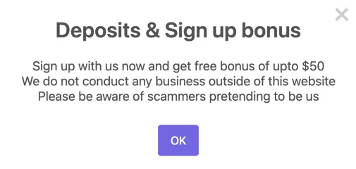 Sweepstakes Mobi pop-up ad showing the free no-deposit bonus offer for new players