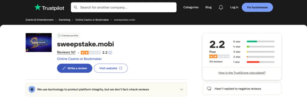Trustpilot page showing Sweepstakes Mobi rating of 2.2 out of 5 stars