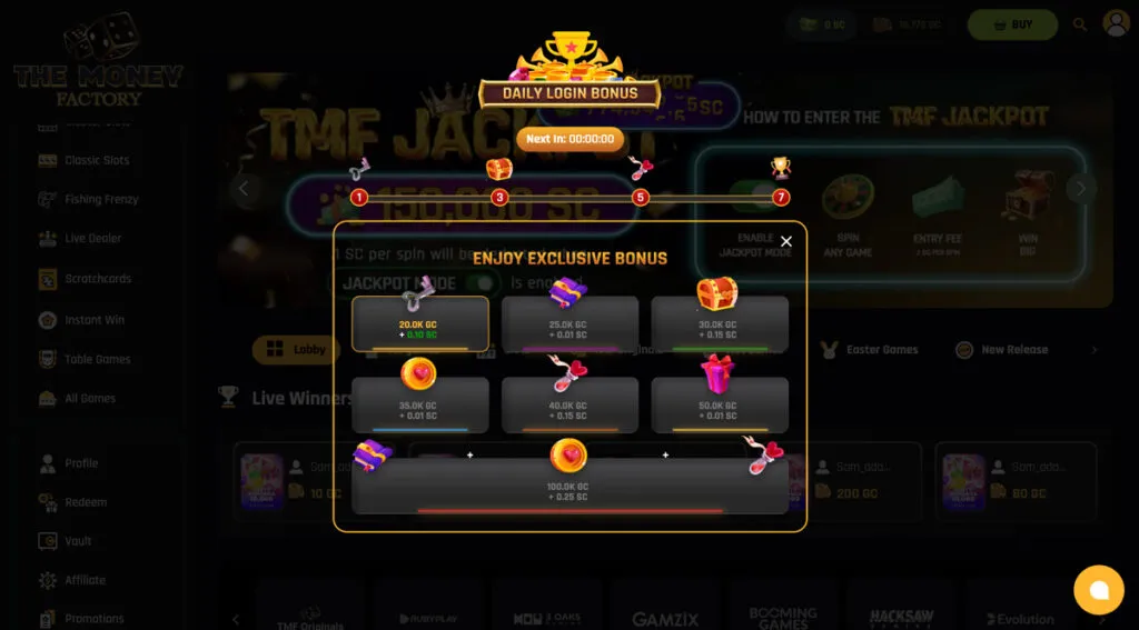 The Money Factory daily login bonus map with increasing rewards from Day 1 to Day 7