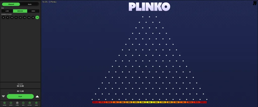 Plinko game in action at The Money Factory with multiplier prizes shown at the bottom