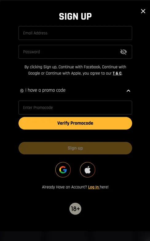 The Money Factory sign-up page showing “I have a promo code” box during registration