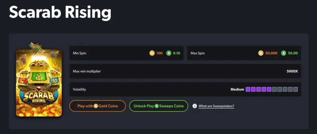 Slot game details screen showing volatility, max win multiplier, and spin limits at The Win Zone