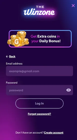 The Win Zone Casino sign up page with email and password boxes