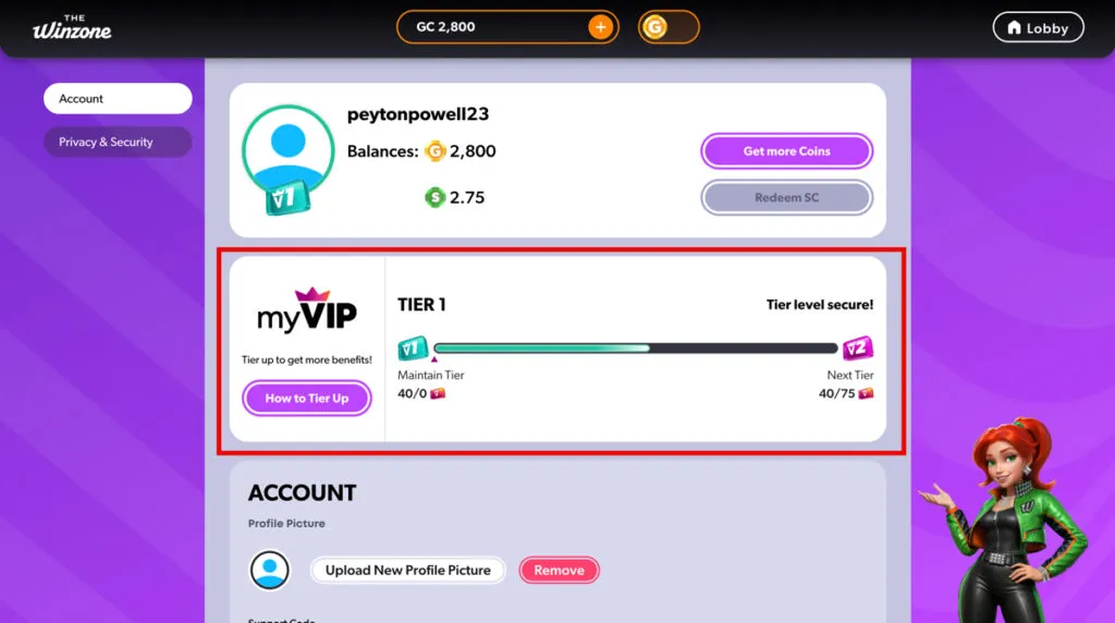 The Win Zone account settings showing current myVIP tier level and progress