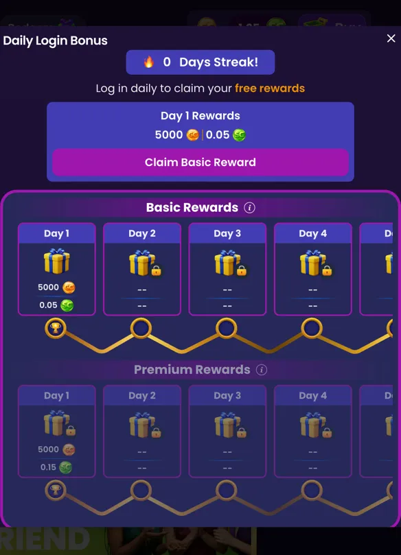 Daily login bonus calendar on ThrillCoins