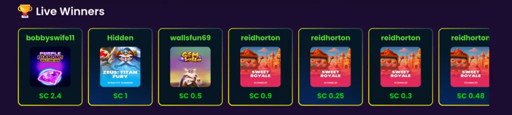 "Live Winners" feed on ThrillCoins website