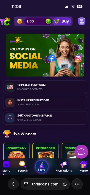 ThrillCoins mobile website on iPhone