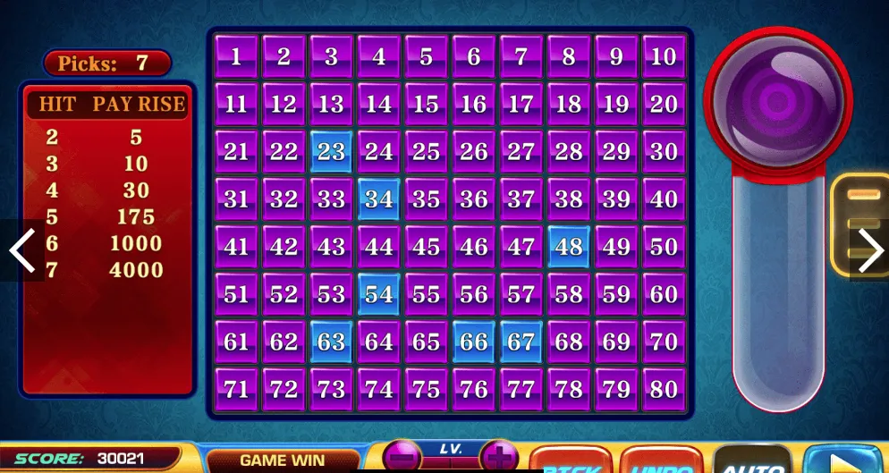 Keno game screen on Ultra Panda with numbers selected