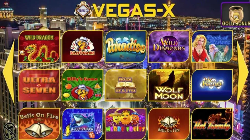 Vegas X website on desktop showing available casino game options