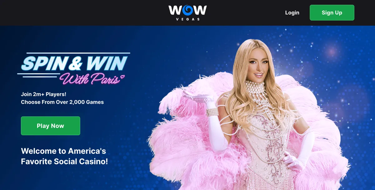 WOW Vegas homepage featuring Paris Hilton and key casino features