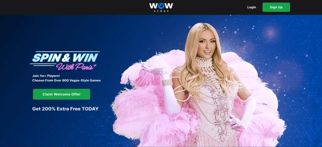 WOW Vegas online casino homepage featuring its welcome offer