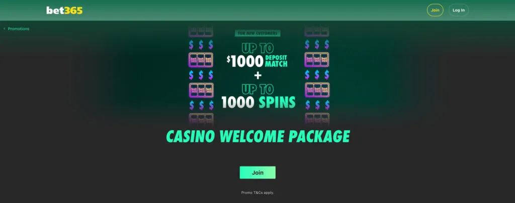 bet365 Casino website promoting its welcome package for new players