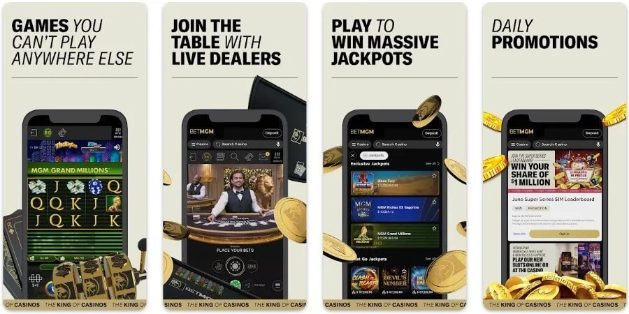 BetMGM Casino app showing mobile casino games and account navigation.