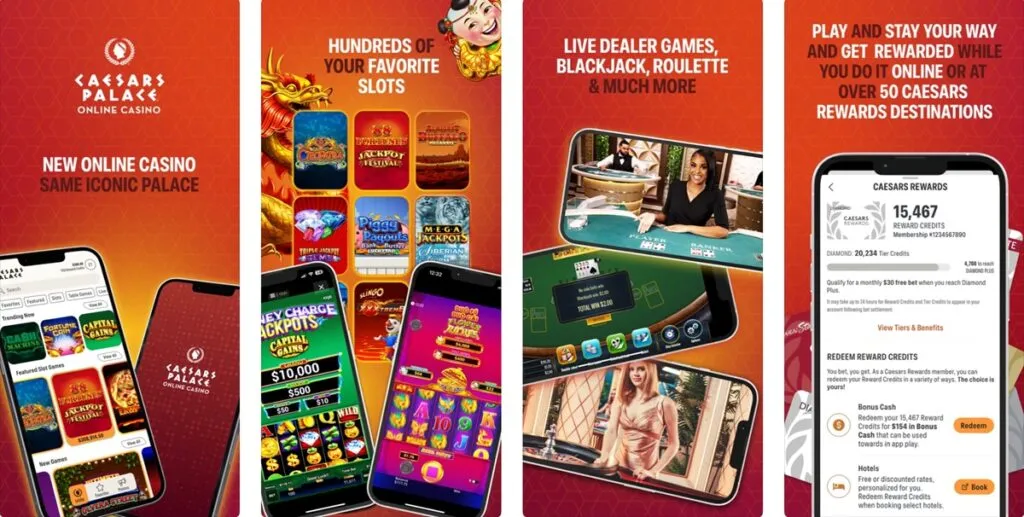 Caesars Palace Online Casino app showing its mobile game lobby and navigation.