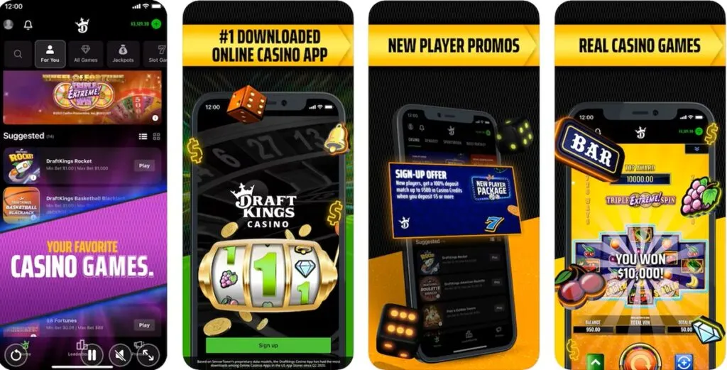 DraftKings Casino app showing mobile casino games and navigation.
