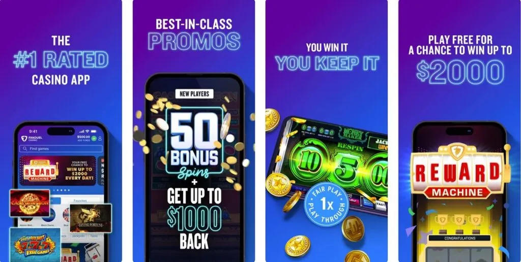 FanDuel Casino app showing slots, table games, and mobile navigation.